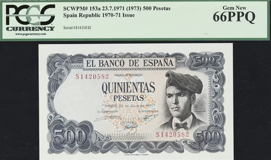 1973 Spain, Banco de Espana 500 Pesetas PCGS 66PPQ.