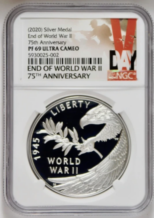 2020 P End of World War 2, 75th Anniversary 1oz Silver Medal PF-69UC