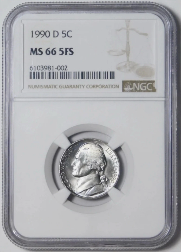 1990 D Jefferson Nickel. HIGH GRADE! Mint State 66 5 FULL STEPS