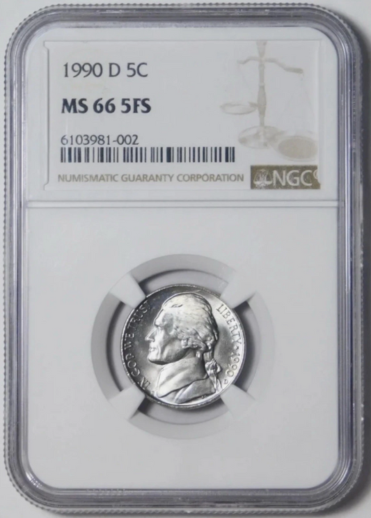 1990 D Jefferson Nickel. HIGH GRADE! Mint State 66 5 FULL STEPS