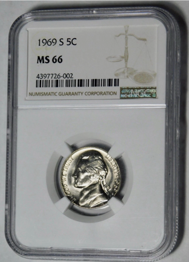 1969 S Jefferson Nickel Very Low Pop! Mint State" 66