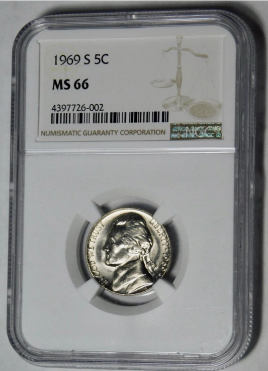 1969 S Jefferson Nickel Very Low Pop! Mint State" 66