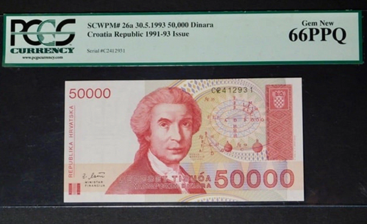 1993 Croatia Republic 50,000 DINARA PCGS "Gem New" 66 PPQ