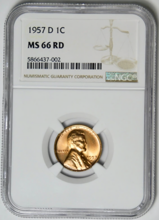 1957 D Lincoln Cent. Denver Mint Mint State 66 RD