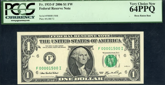 2006 Federal Reserve Note "Very Low Serial #" (1500) PCGS Gem New 64PPQ