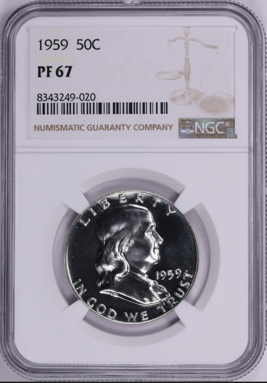 1959 Silver Franklin Half Dollar. Nice Grade! NGC Gem Proof 67