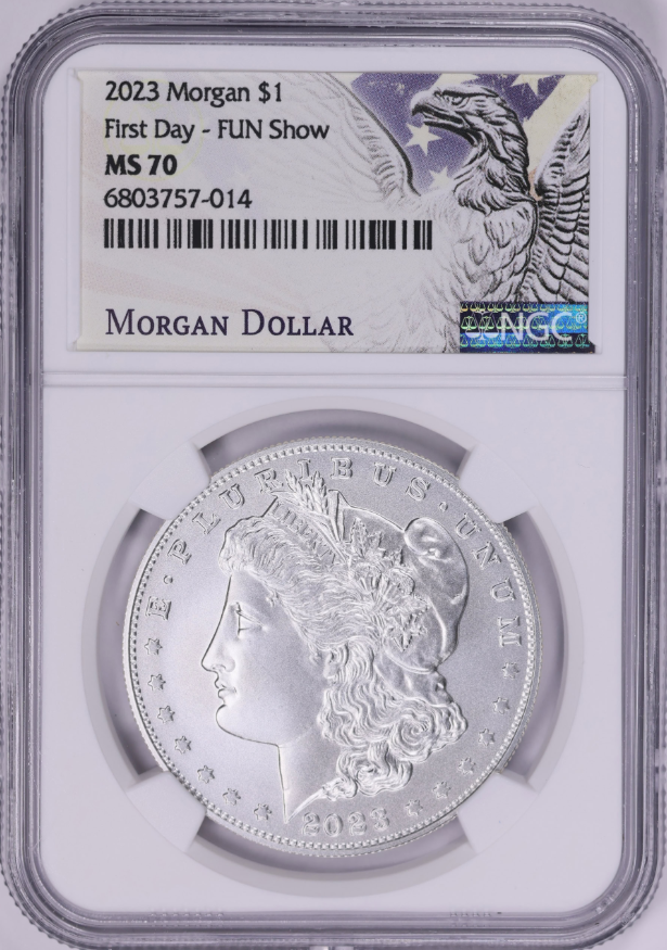 Special 2023 Morgan Silver Dollar First Day " FUN SHOW" Release. Top Grade! MS70