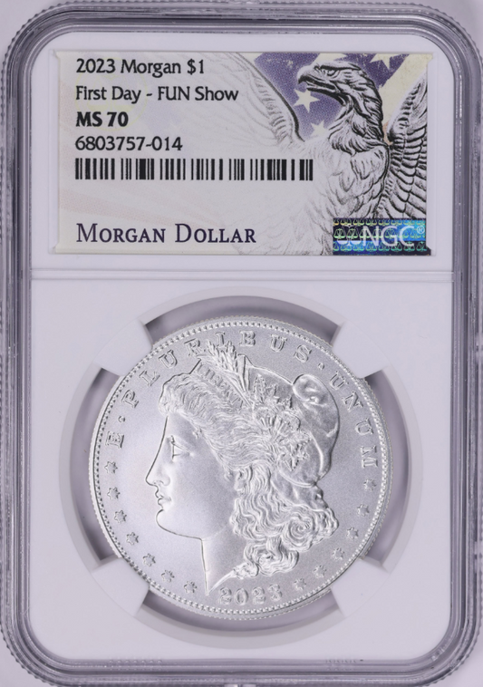 Special 2023 Morgan Silver Dollar First Day " FUN SHOW" Release. Top Grade! MS70