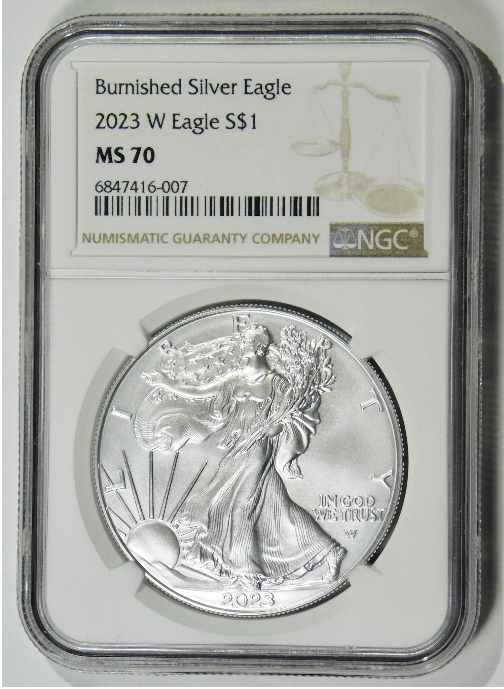 2023 W Burnished Silver Dollar, TOP GRADE! Mint State 70