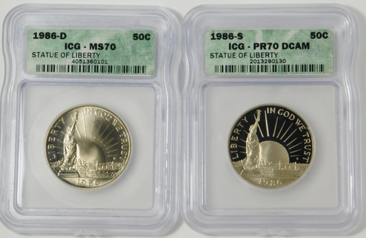 1986 Commemorative Liberty Centennial Half Dollars. ICG Proof 70 / Mint State 70
