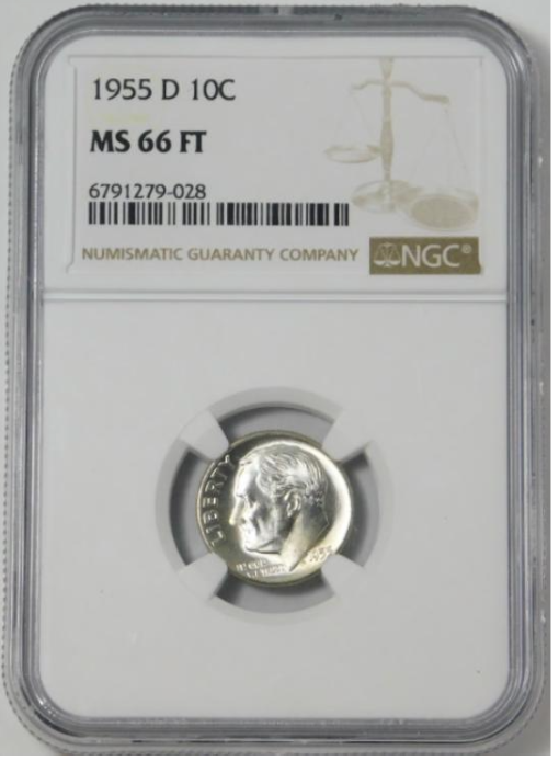 1955-D Silver Roosevelt Dime NGC Mint State 66FT (Full Torch).