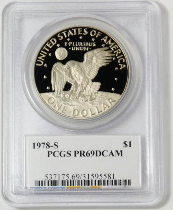 1978-S Eisenhower Dollar PCGS Proof 69 DCAM (Miles Standish Signed Label)
