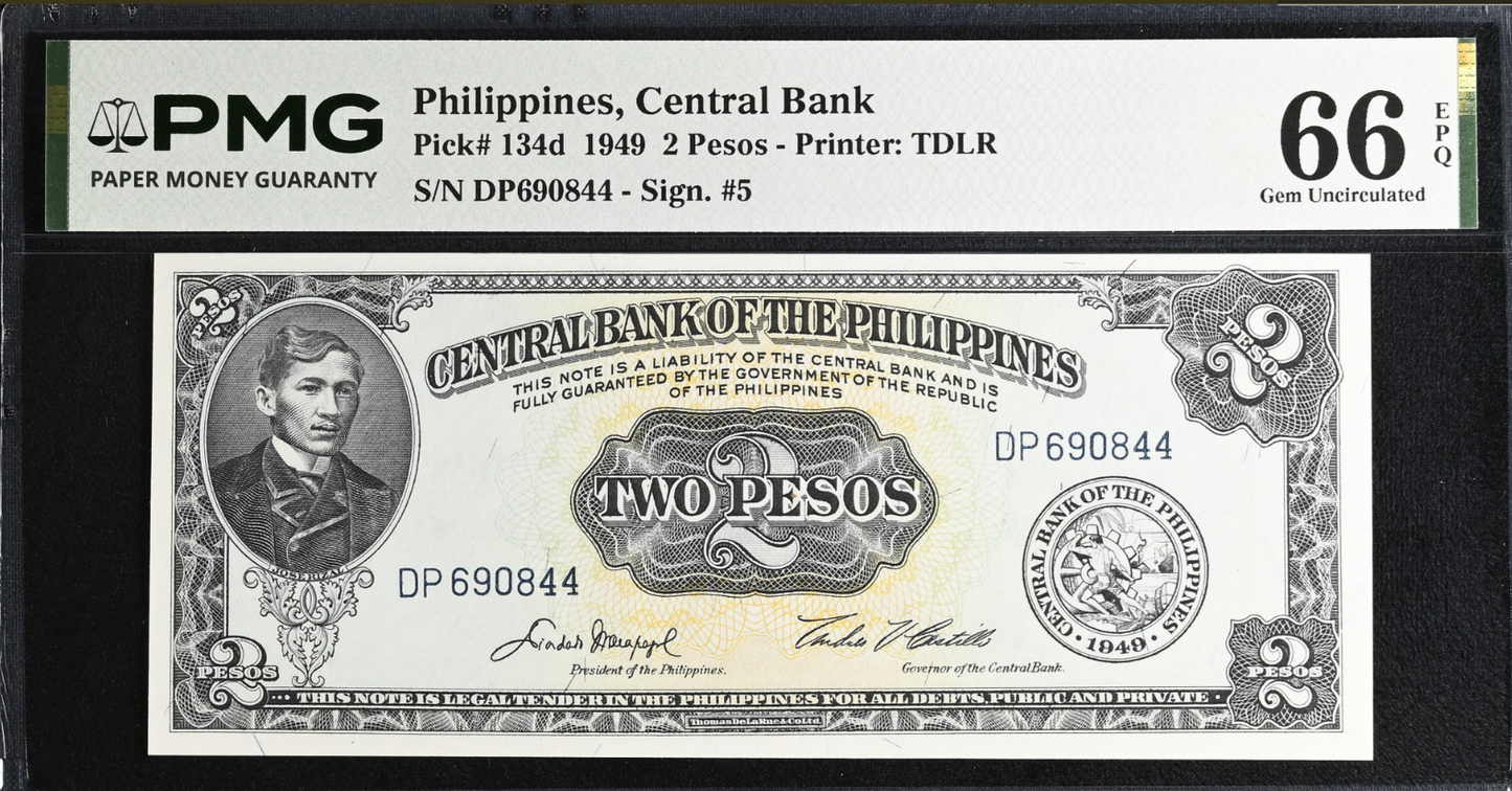 1949 Philippines, Central Bank, 2 Pesos PMG Gem Unc 66EPQ