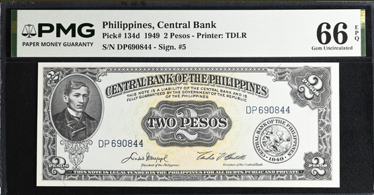 1949 Philippines, Central Bank, 2 Pesos PMG Gem Unc 66EPQ