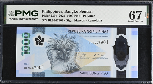 2024 Philippines, Bangko Sentral, 1000 Piso Polymer Note PMG Superb Gem 67EPQ