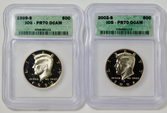 1999 & 2002 Kennedy Half Dollars TOP GRADES! ICG Proof 70DCAM