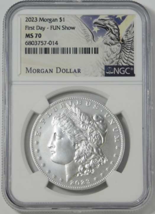 Special 2023 Morgan Silver Dollar First Day " FUN SHOW" Release. Top Grade! MS70