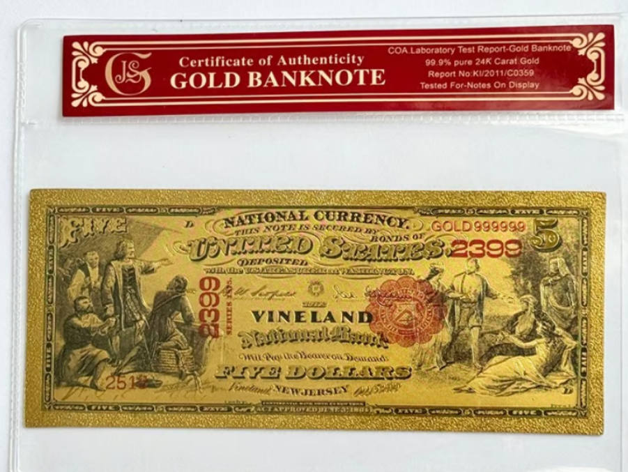 1878 National Bank Vineland NJ Gold-Foil Note Protective Holder/COA