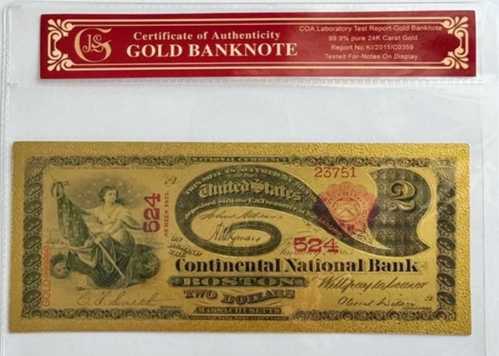 1875 Continental National Bank of Boston. 24K Gold-foil W/Protective Holder/COA