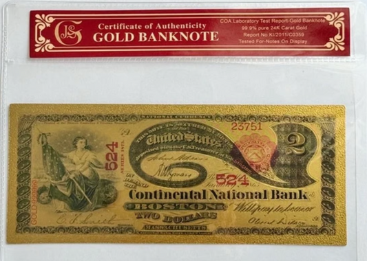 1875 Continental National Bank of Boston. 24K Gold-foil W/Protective Holder/COA