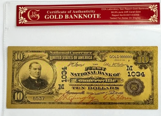 1902 First National Bank of Connersville Note Gold-foil. Protective Holder/COA