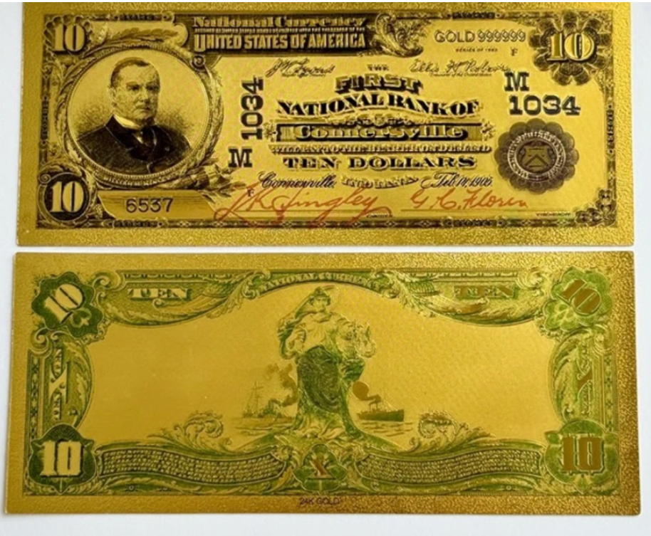 1902 First National Bank of Connersville Note Gold-foil. Protective Holder/COA