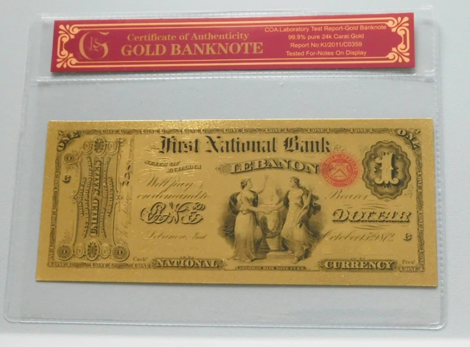 1875 First National Bank Lebanon Note. Gold Foil 24K.