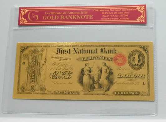 1875 First National Bank Lebanon Note. Gold Foil 24K.