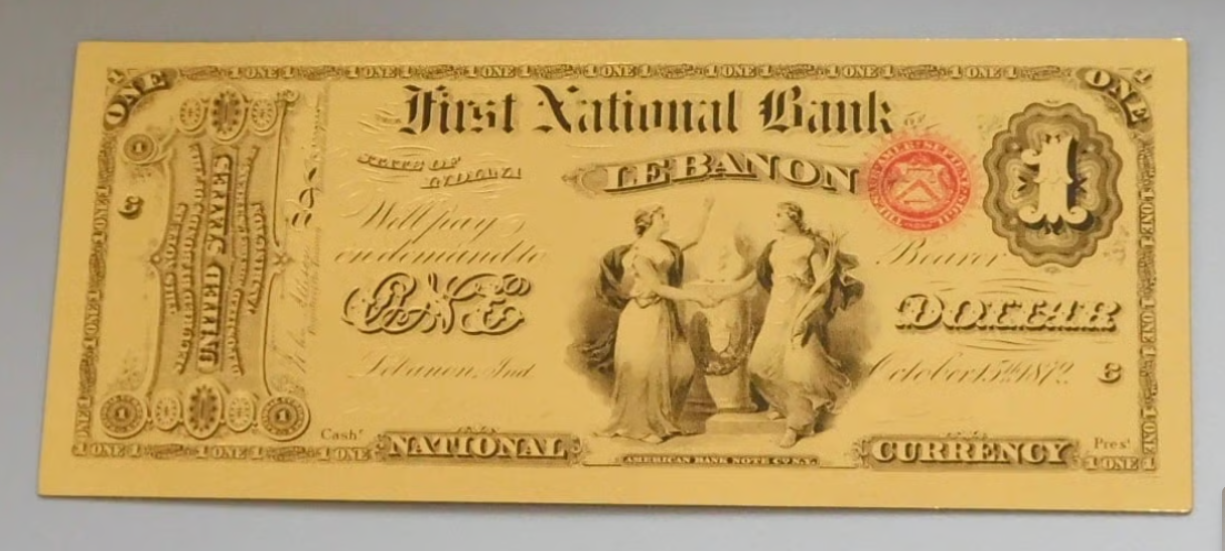 1875 First National Bank Lebanon Note. Gold Foil 24K.