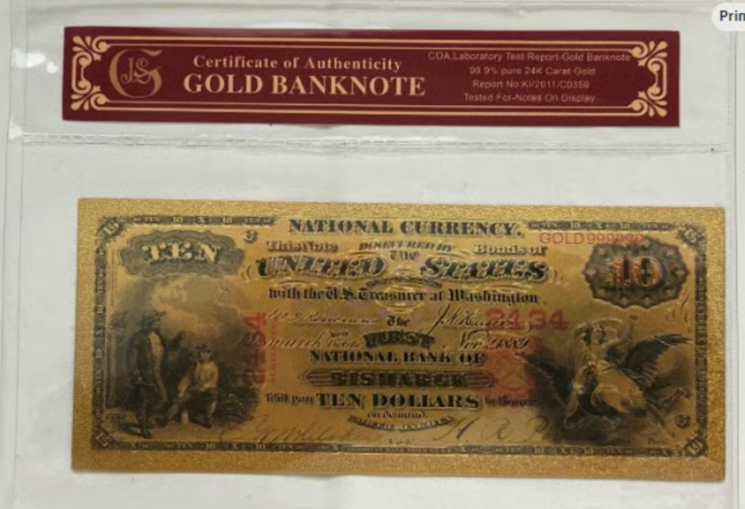 1875 Bismark National Currency Gold-foil Note Protective Holder/COA