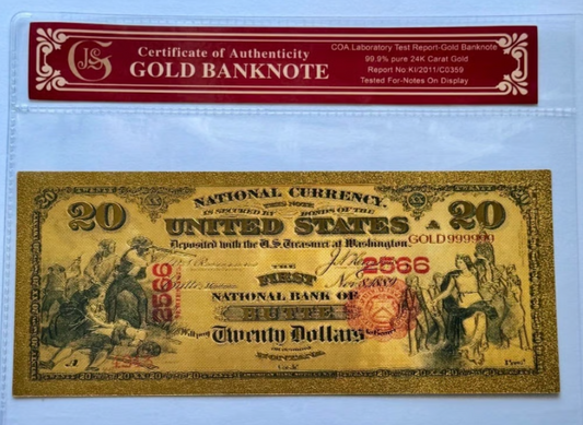 1875 National Bank Butte Mont. Gold-foil Note Protective Holder/ COA