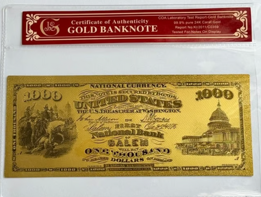 1875 National Bank Salem, Ma. Gold-Foil Note Protective Holder/COA