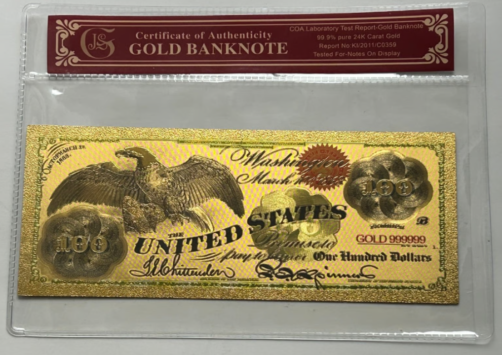 1863 $100 Legal Tender Eagle 24K Gold-Foil Note Protective Holder/ COA