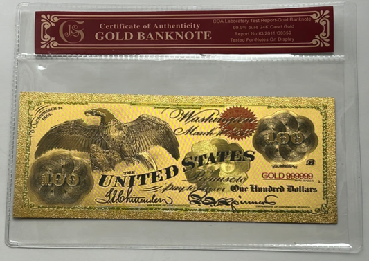 1863 $100 Legal Tender Eagle 24K Gold-Foil Note Protective Holder/ COA