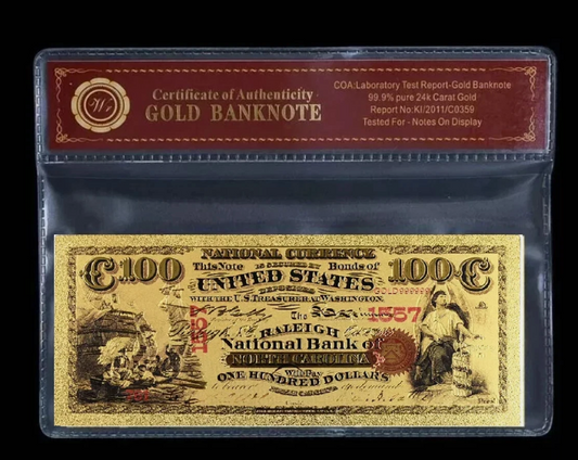 1875 National Bank Raleigh N.C. Gold-foil Note Protective Holder/ COA