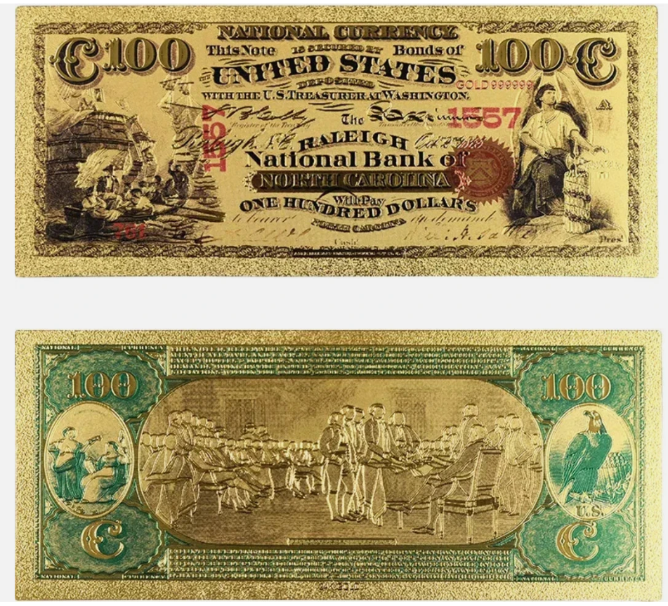 1875 National Bank Raleigh N.C. Gold-foil Note Protective Holder/ COA