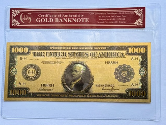1918 Federal Reserve Banknote 24K Gold Foil / Protective Holder / COA