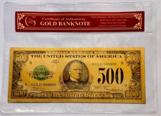 1928 $500 Federal Reserve McKinley 24K Gold Foil Note Protective Holder / COA