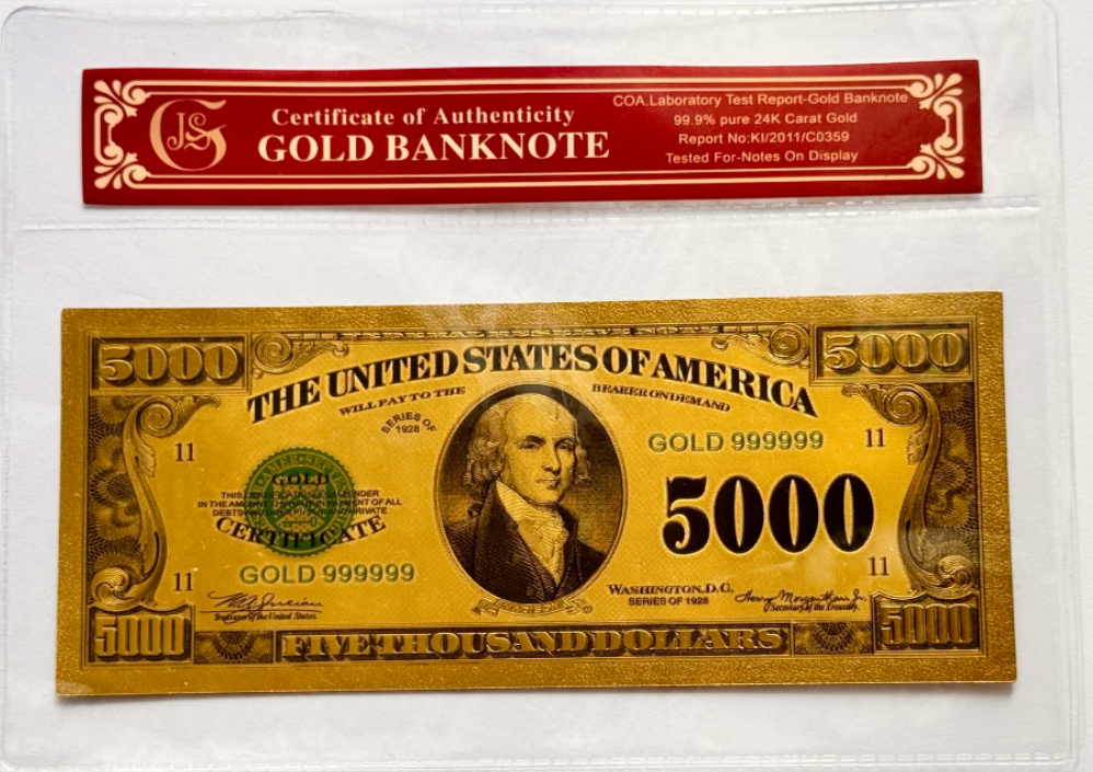 1928 $5000 James Madison Federal Reserve Gold Foil Banknote Protective Holder