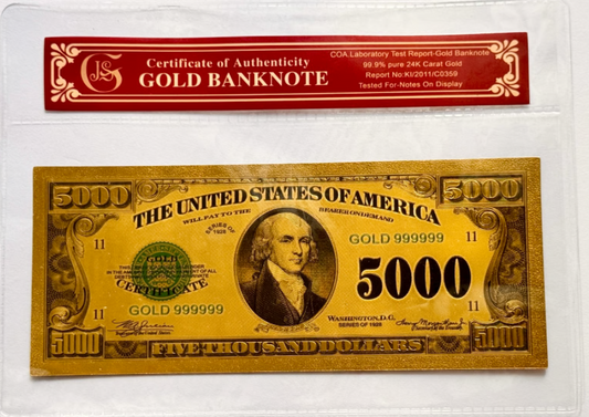 1928 $5000 James Madison Federal Reserve Gold Foil Banknote Protective Holder