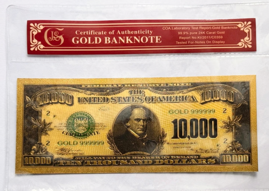 1928 $10,000 Salmon Chase Federal Reserve Gold Foil Banknote Protective Holder