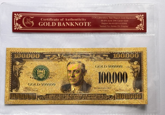 1928 $100000 Gold Foil Certificate Note Protective Holder / COA