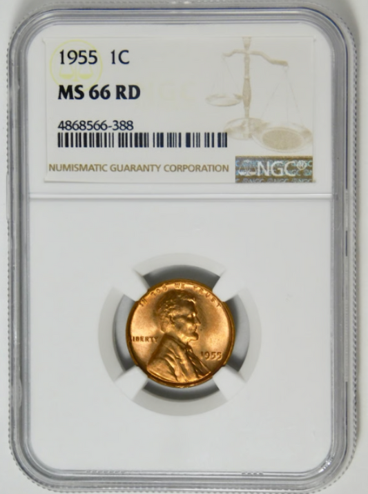 1955 Lincoln Wheat Cent NGC Mint State 66 RD