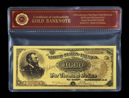 1890 One Thousand Treasury Banknote 24K Gold-Foil Protective Holder/COA