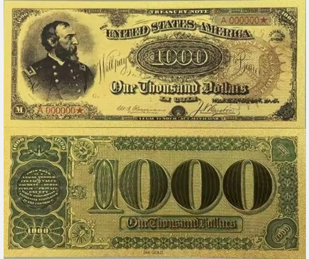 1890 One Thousand Treasury Banknote 24K Gold-Foil Protective Holder/COA