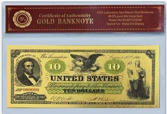 1861 $10 U.S. Demand Note 24K Gold Foil Protective Holder/COA