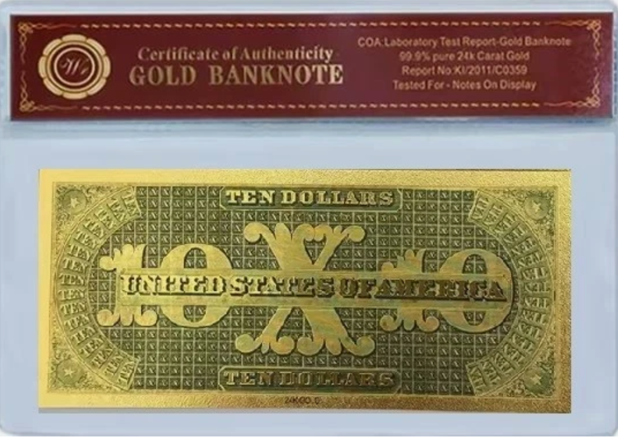 1861 $10 U.S. Demand Note 24K Gold Foil Protective Holder/COA