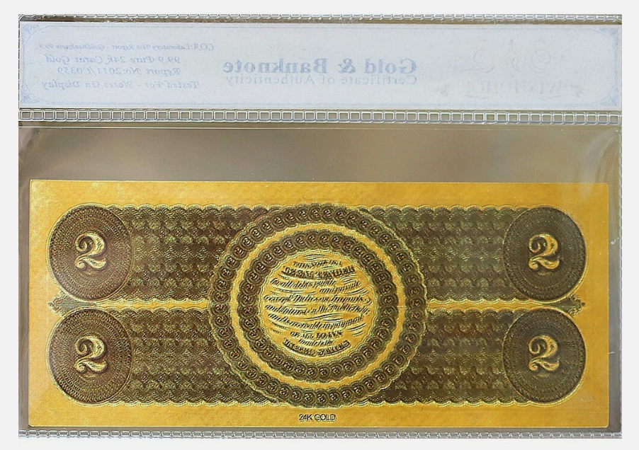 1862 $2 Two Dollars Legal Tender Banknote 24K Gold Foil Protective Holder/COA