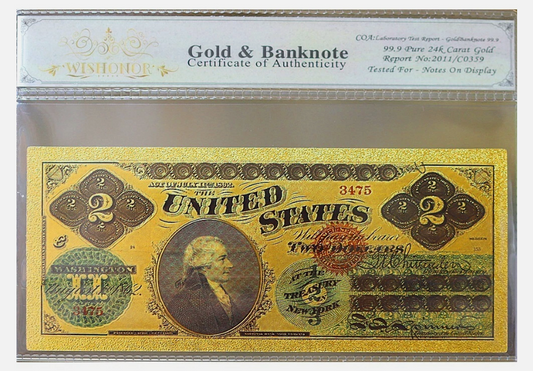 1862 $2 Two Dollars Legal Tender Banknote 24K Gold Foil Protective Holder/COA