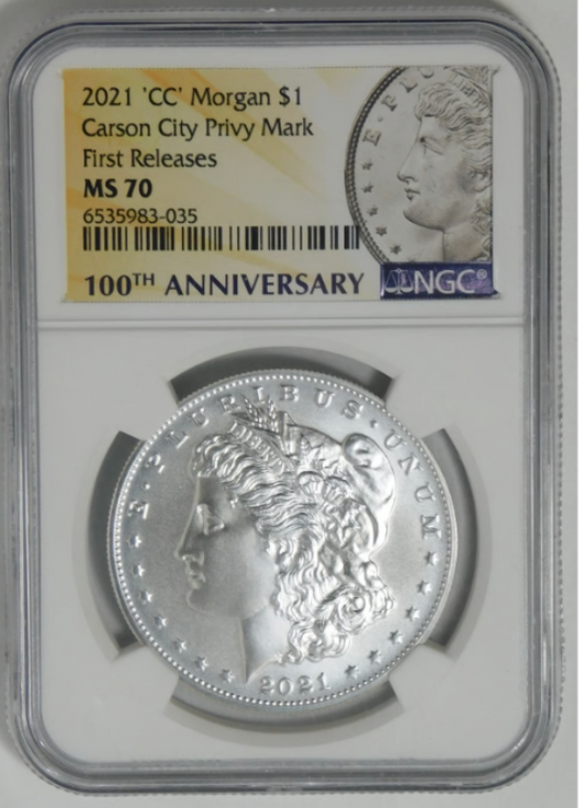 2021-CC Morgan Silver Dollar CC Privy 100th Anniversary First Releases NGC MS-70